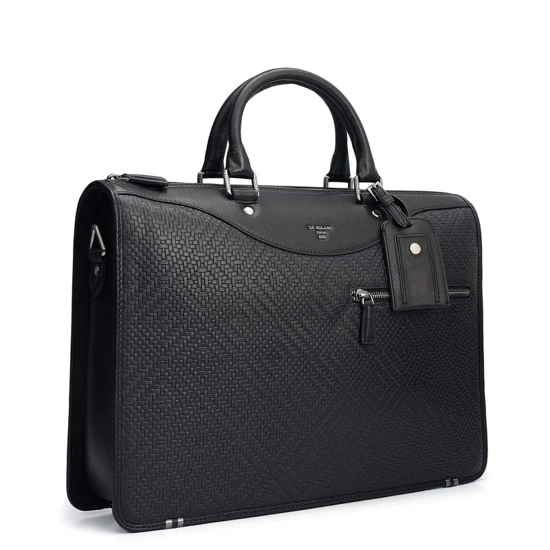 Da Milano  Mat Emboss Plain Leather Laptop Bag - Black  | Best Price UAE