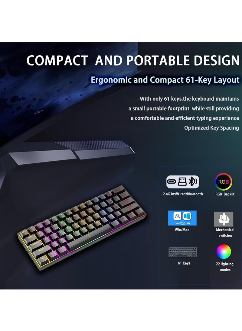 Wireless Bluetooth Tri-Mode (2.4G/Bluetooth/USB-C) Mechanical Keyboard, Multi-Platform Support (Windows/Mac/Linux/Tablet), Rechargeable 61-Key RGB Backlit Brown Switch Gaming Keyboard