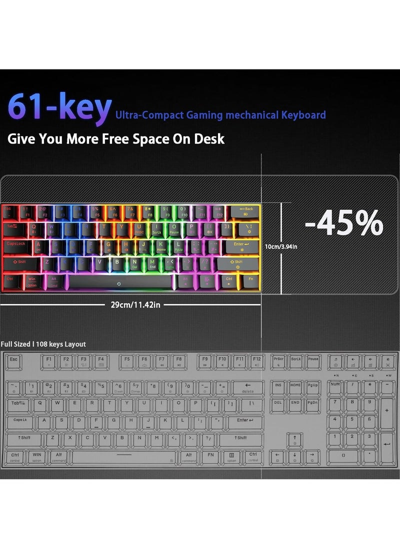 Wireless Bluetooth Tri-Mode (2.4G/Bluetooth/USB-C) Mechanical Keyboard, Multi-Platform Support (Windows/Mac/Linux/Tablet), Rechargeable 61-Key RGB Backlit Brown Switch Gaming Keyboard