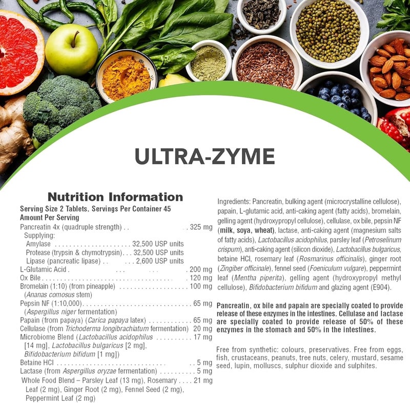 Natures Plus NaturesPlus UltraZyme 120 mg Ox Bile Pancreatin Betaine HCl Bromelain Lactase and Probiotic Complex Maximum Strength Digestive Enzyme Supplement 90 Tablets - Image 2