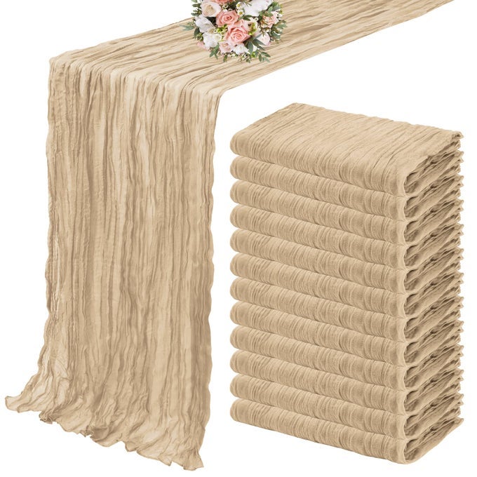 12 PACK CHEESECLOTH TABLE RUNNER 35 X 120 INCH LONG BOHO CHEESE CLOTH GAUZE TABLE RUNNERS SEMI SHEER TABLE RUNNER FOR WEDDING DECOR BRIDAL SHOWER BIRTHDAY PARTY BEIGE