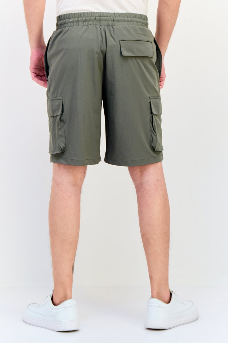 Celio Men Drawstring Solid Cargo Shorts, Dark Olive - Image 3