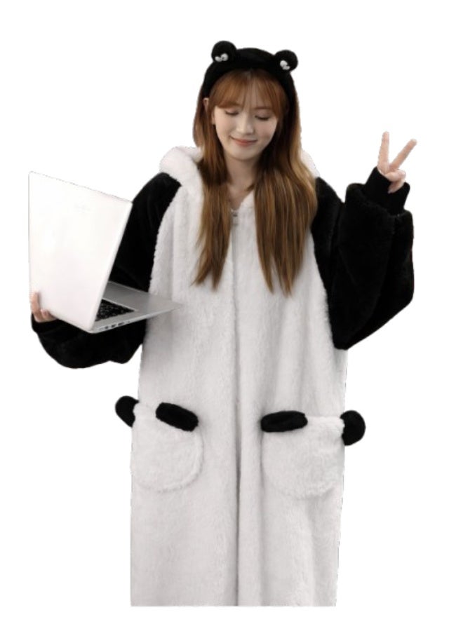 Women's Winter Jumpsuit, Plus Size, Imported Faux Fur and Sheen, Panda Design with Hood and Pockets - Image 1