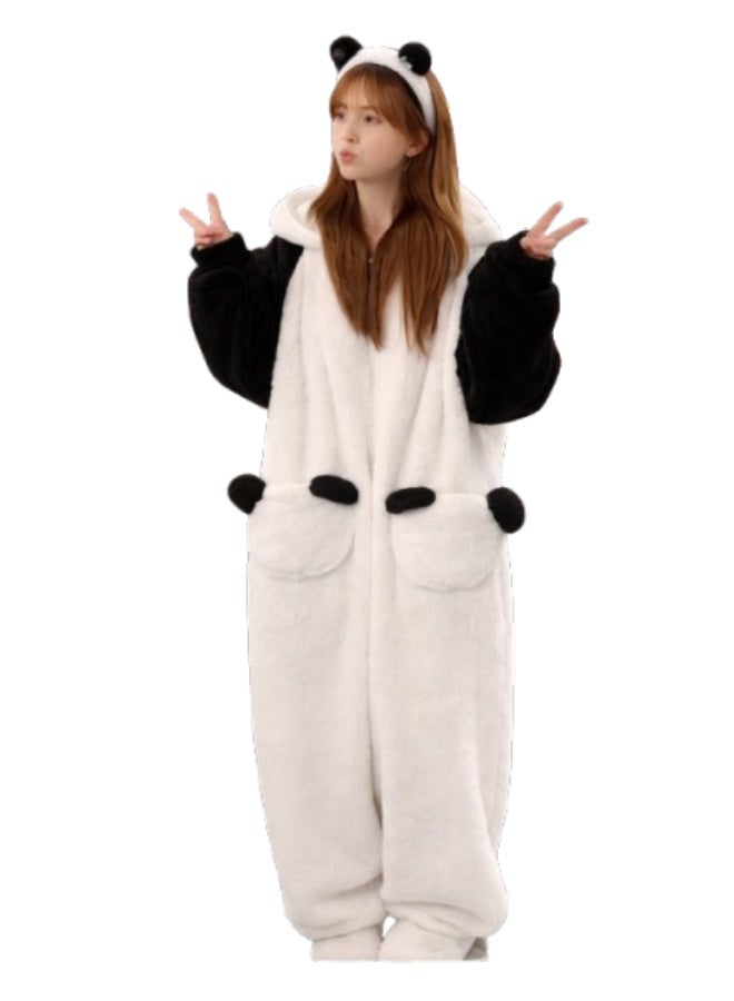 Women's Winter Jumpsuit, Plus Size, Imported Faux Fur and Sheen, Panda Design with Hood and Pockets - Image 2