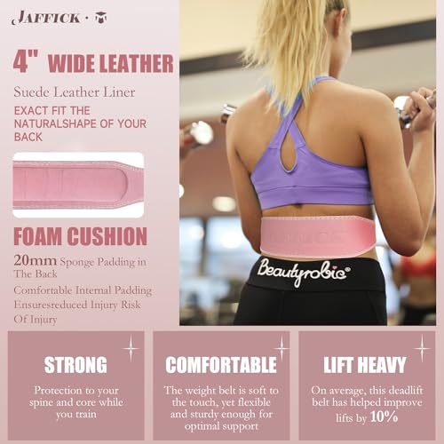 Jaffick Weight Lifting Belt For Ladies (4" Wide) - 100% Pink Leather Gym Belts Lower Waist Back Support For Women Men Fitness Squat Deadlift Heavy Duty Cross Training Gym Powerlifting Workout - Image 3
