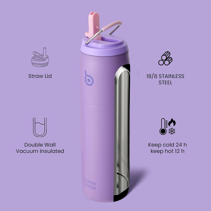bottle bottle زجاجة زجاجة 32 أونصة زجاجة ماء من الفولاذ المقاوم للصدأ مع غطاء قشة ومقبض - معزولة بالفراغ للرياضة والسفر والمشي - بنفسجي - Image 2