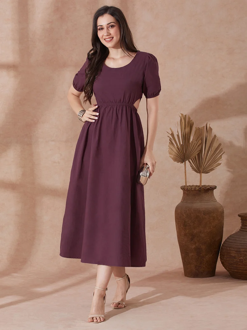globus Globus Women Burgundy Round Neck Puff Sleeves Solid Cut Out Detail Fit & Flare Midi Resort Dress