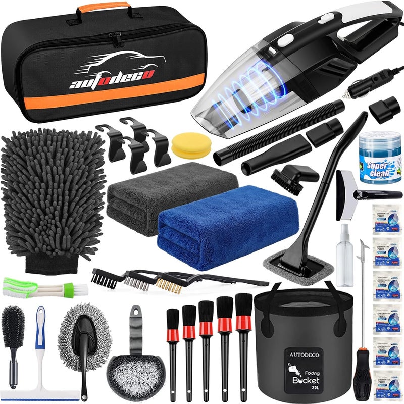 AUTODECO 41Pcs Car Cleaning Wash Kit Interior Detailing Cleaner Kit with High Power Handheld Vacuum, Collapsible Bucket, Windshield Tool, Snow Shovel, Tire Brush, Complete Car Care Tools, Black - Image 1
