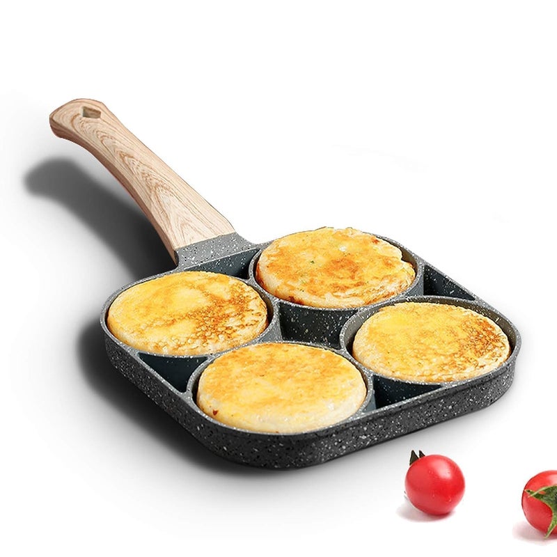 Hidak Omelette Pan Frying Pan Egg Frying Pan 4 Hole Crepe Pan Granite Egg Cooker Breakfast Pancakes Pan Suitable for Gas Stove Induction Cookware Wood Grain Handle - Image 1