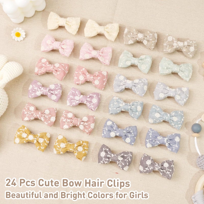 DED 24PCS 2 Baby Girls Hair Bow Clips Fine Hair Cotton Fully Lined Embroidery Baby Hair Barrettes Accessories for Infants Toddlers - Image 3