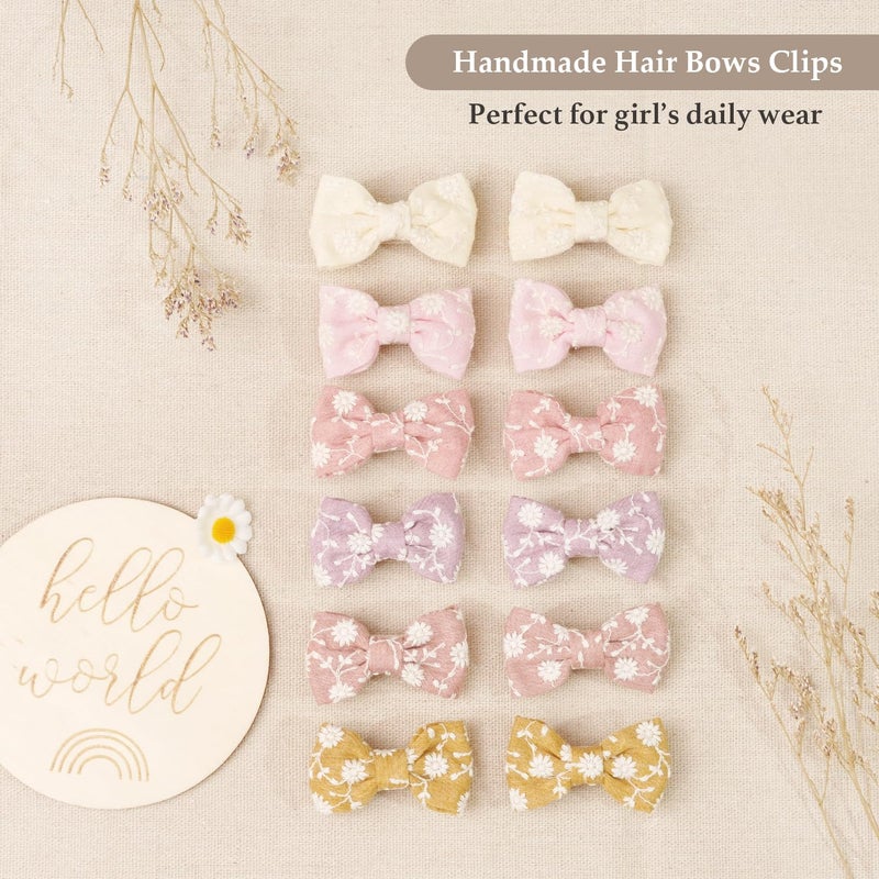 DED 24PCS 2 Baby Girls Hair Bow Clips Fine Hair Cotton Fully Lined Embroidery Baby Hair Barrettes Accessories for Infants Toddlers - Image 4