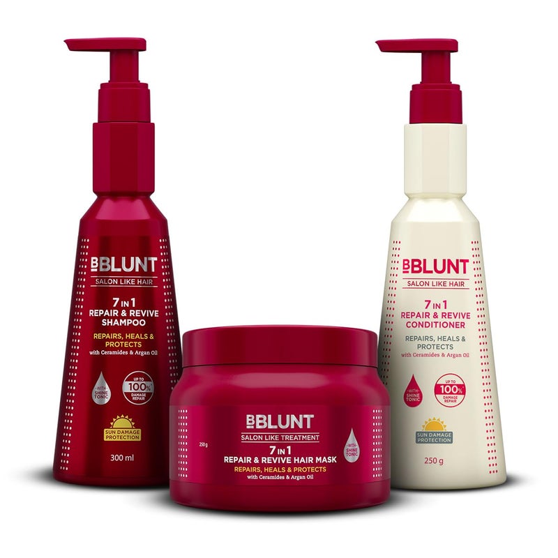BBlunt 7 in 1 Repair  Revive Hair Combo  Shampoo  Conditioner  Hair Mask  Adresses 7 Signs of Hair Damage  Enriched with Ceramides  Argan Oil  For Men  Women  300 ml  250 g  250 g - Image 1