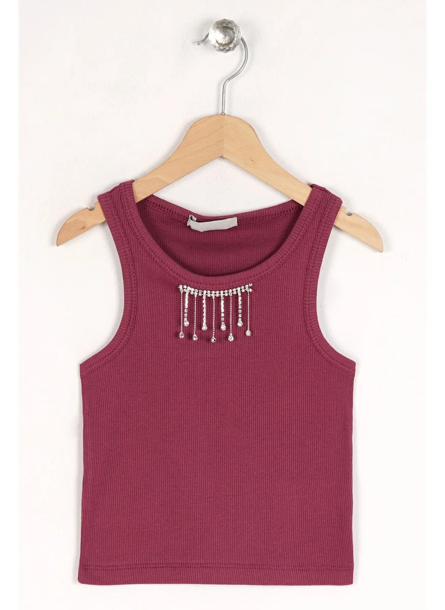 Zepkids Girls Plum Colored Crew Neck Stone Detailed Zero Sleeve Undershirt