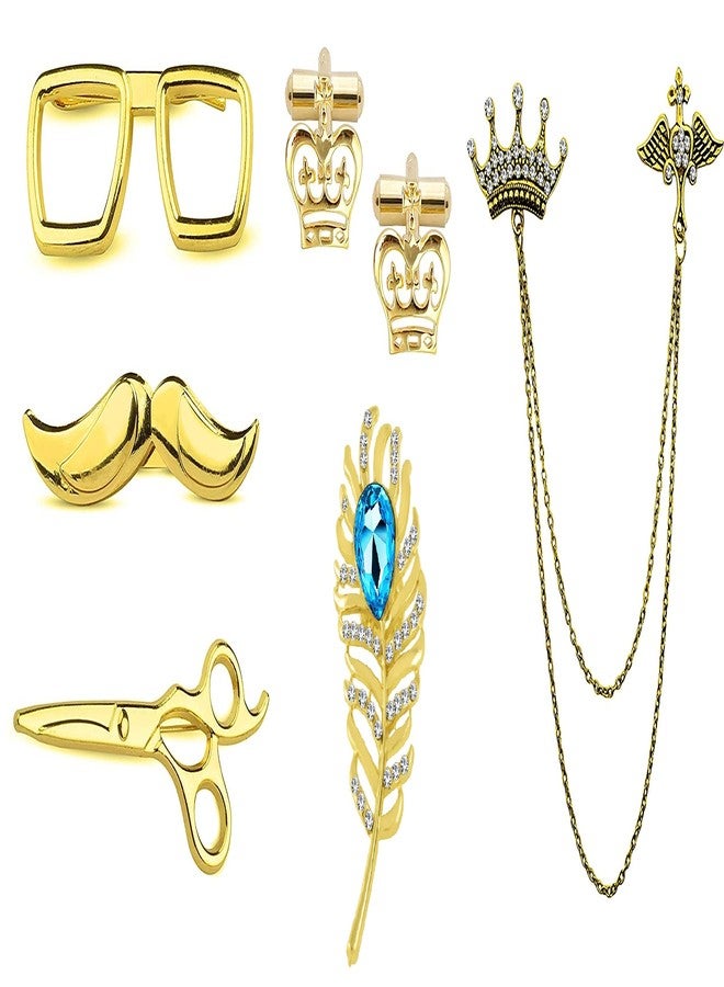 Okos Gold Plated Men'S Jewellery Combo Of 3 Alloy Tie Pins, 1 Cufflinks, 2 Indo Western Lapel Pin Brooch Studded With Multi Colour (Blue;White) Crystal Stones For Girls And Women CO1000392 - Image 1