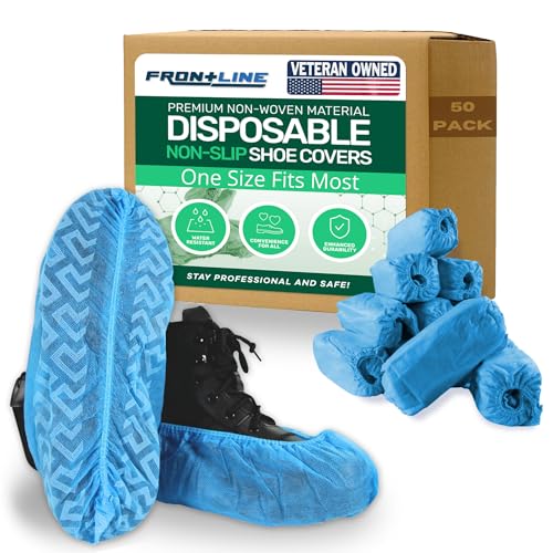 Frontline Shoe Covers Disposable NonSlip Premium NonWoven Durable Booties Shoes Covers Water Resistant Thick AntiSlip One Size Fits Most by Frontline Black 50 Pack - Image 1