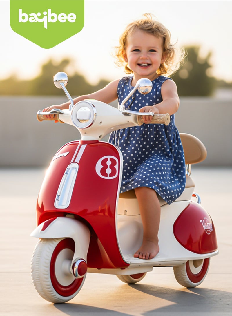 بيبي دراجة فيسبا تعمل بالبطارية للأطفال، لعبة ركوب على شكل دراجة وسكوتر للأطفال مزودة بالأضواء والموسيقى، دراجة أطفال ببطارية قابلة لإعادة الشحن، دراجة كهربائية للأطفال للقيادة من عمر 1 إلى 3 سنوات للأولاد والبنات – اللون الأحمر. - Image 2