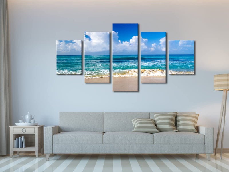 Pyradecor Seaside Large Modern Seascape 5 panels Canvas Prints Landscape Pictures Paintings on Canvas Wall Art Ready to Hang for Living Room Bedroom Home Decorations L - Image 5