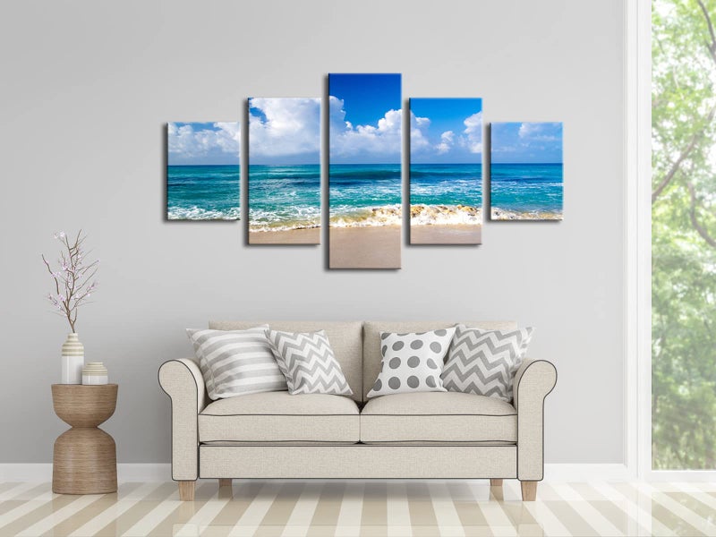 Pyradecor Seaside Large Modern Seascape 5 panels Canvas Prints Landscape Pictures Paintings on Canvas Wall Art Ready to Hang for Living Room Bedroom Home Decorations L - Image 2
