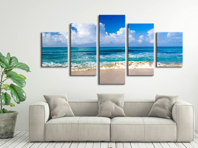 Pyradecor Seaside Large Modern Seascape 5 panels Canvas Prints Landscape Pictures Paintings on Canvas Wall Art Ready to Hang for Living Room Bedroom Home Decorations L - Image 3