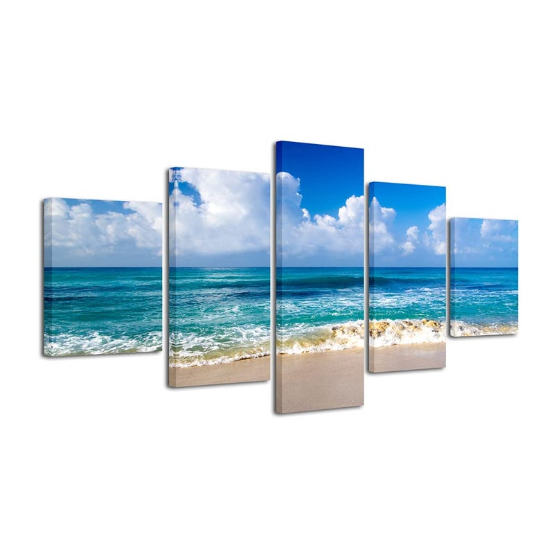 Pyradecor Seaside Large Modern Seascape 5 panels Canvas Prints Landscape Pictures Paintings on Canvas Wall Art Ready to Hang for Living Room Bedroom Home Decorations L - Image 1