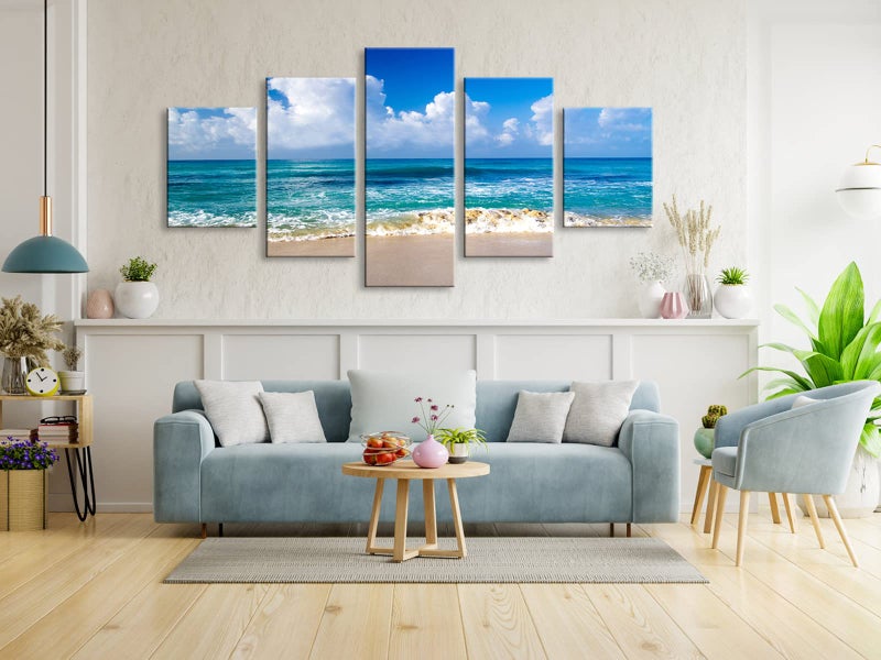Pyradecor Seaside Large Modern Seascape 5 panels Canvas Prints Landscape Pictures Paintings on Canvas Wall Art Ready to Hang for Living Room Bedroom Home Decorations L - Image 4