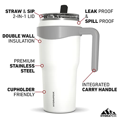 Hydrapeak Roadster 40oz Stainless Steel Tumbler Double Wall Vacuum Insulated Water Bottle With Handle And 2 in 1 Straw Lid (White) - Image 2