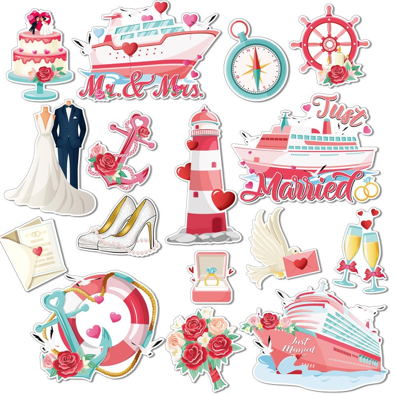 Capoda 16 Pcs Just Married Cruise Door Magnets Decorations Wedding Mr Mrs Ship Car Refrigerator Magnetic Stickers Cruise Cabin Fridge Decorations for Honeymoon Anniversary Party Supplies - Image 1