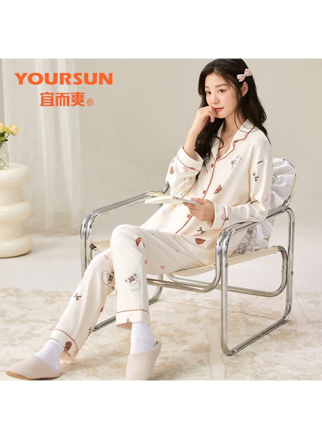 Yiershuang Women's Pajamas, Spring And Autumn Cotton Cardigan, Long Sleeves, Cute Printed Design, Loose Casual Wear, Suitable For Outdoor Use, Home Loungewear Set