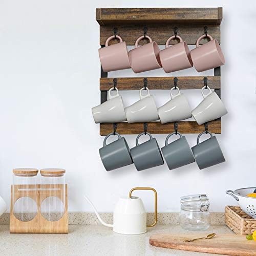 OROPY Coffee Mug Rack Wall Mounted, Rustic Wood Cups Rack with 12 Hooks and Storage Shelf, for Home Kitchen Display and Collection (Rustic Brown) - Image 2