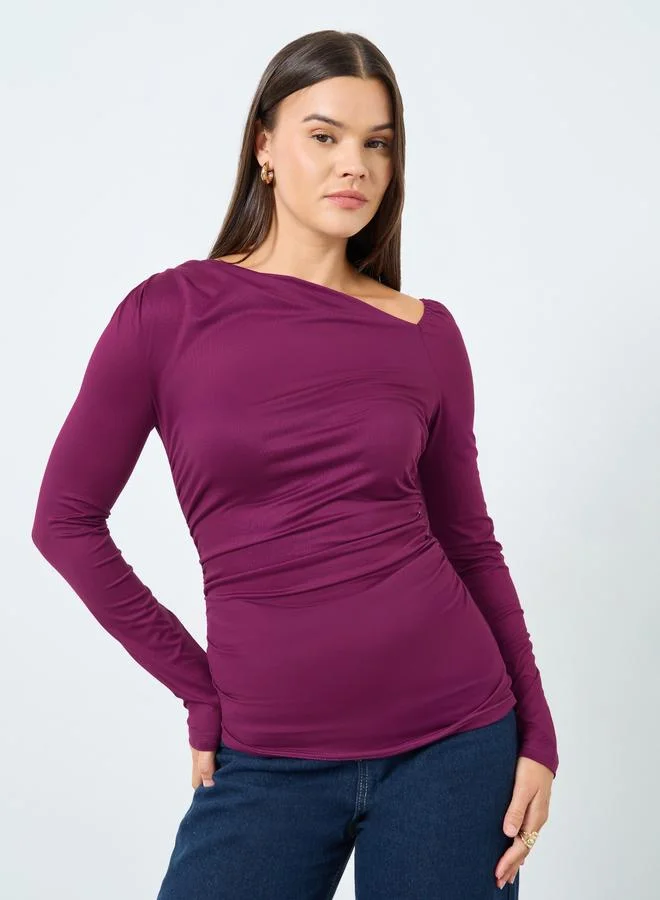 Styli Styli Purple Asymmetric Neck Fitted Knit Top