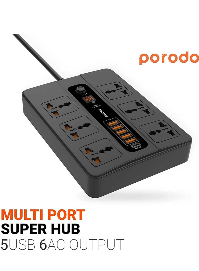 Universal Power Socket, 6 AC Output 5 USB Port & USB-C PD 18W Multiport Socket, Power HUB Built-in Timer, Fire-Proof Material Power Strip, 200cm Extension Cord, Charging Station (Black) - Image 2
