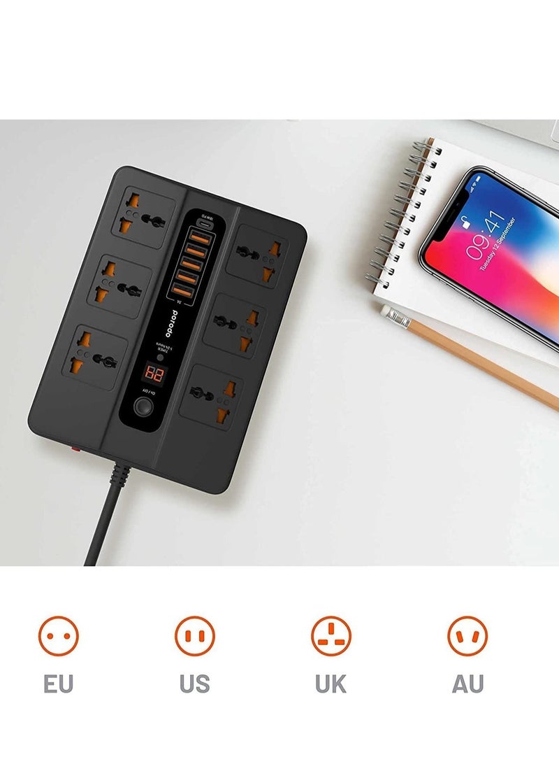 Universal Power Socket, 6 AC Output 5 USB Port & USB-C PD 18W Multiport Socket, Power HUB Built-in Timer, Fire-Proof Material Power Strip, 200cm Extension Cord, Charging Station (Black) - Image 4