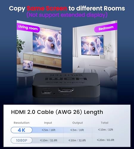 avedio links HDMI Splitter 4K@60Hz, HDMI Splitter 1 in 2 Out-Not Extended Display(Only Mirror Screens), Support 3D Dol-by Vision Atmos HDMI2.0b, HDCP2.2, 18.5Gbps, Auto Downscaling, Full HD 1080P - Image 3