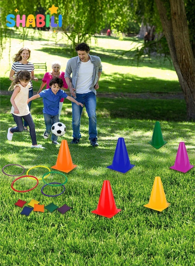 شبيلي مجموعة ألعاب خارجية للأطفال والعائلة، 27 قطعة لعبة رمي الأكياس والحلقات مع أقماع بلاستيكية ناعمة وحقيبة شبكية، ألعاب حدائق ولعب خارجي وهدايا لأعياد الميلاد - Image 2