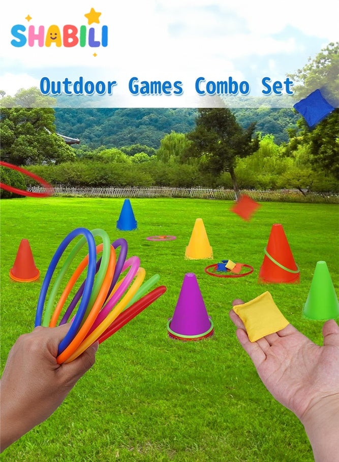 شبيلي مجموعة ألعاب خارجية للأطفال والعائلة، 27 قطعة لعبة رمي الأكياس والحلقات مع أقماع بلاستيكية ناعمة وحقيبة شبكية، ألعاب حدائق ولعب خارجي وهدايا لأعياد الميلاد - Image 3