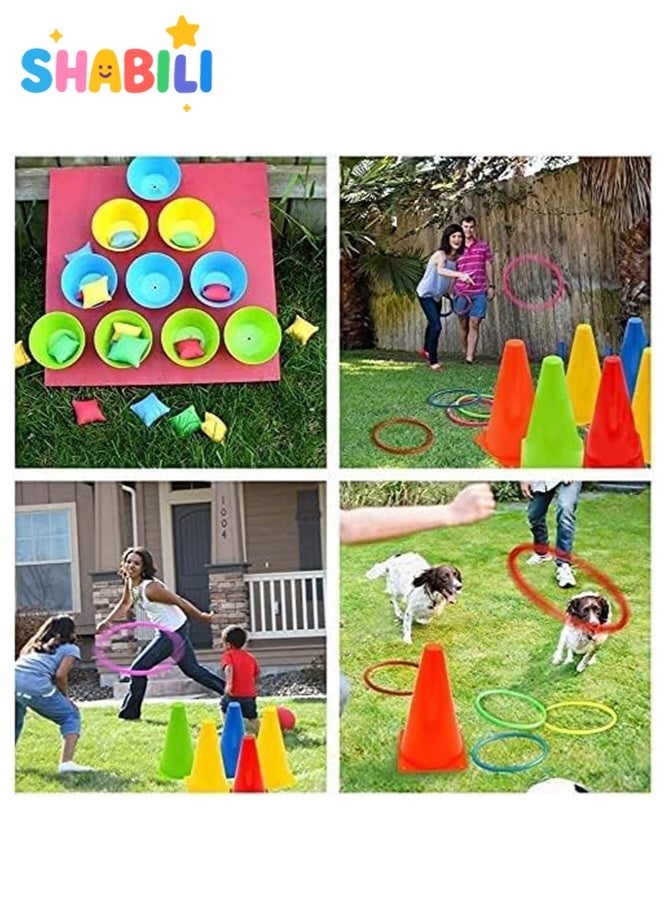شبيلي مجموعة ألعاب خارجية للأطفال والعائلة، 27 قطعة لعبة رمي الأكياس والحلقات مع أقماع بلاستيكية ناعمة وحقيبة شبكية، ألعاب حدائق ولعب خارجي وهدايا لأعياد الميلاد - Image 5