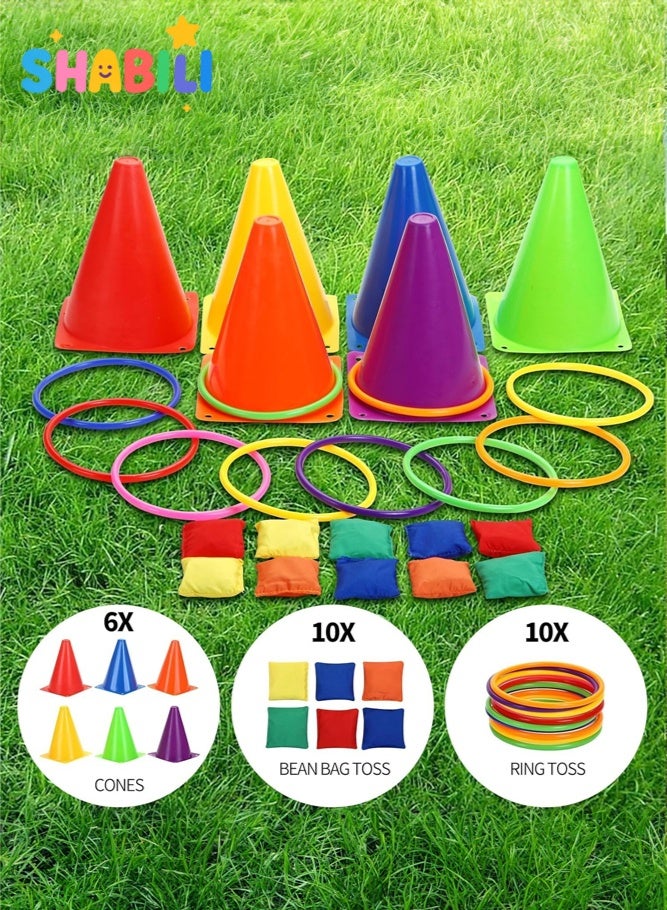 شبيلي مجموعة ألعاب خارجية للأطفال والعائلة، 27 قطعة لعبة رمي الأكياس والحلقات مع أقماع بلاستيكية ناعمة وحقيبة شبكية، ألعاب حدائق ولعب خارجي وهدايا لأعياد الميلاد - Image 4
