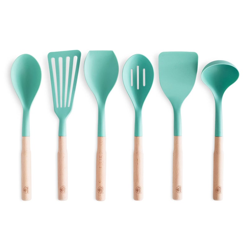 GreenLife Cooking Tools and Utensils 7 Piece Nylon and Wood Kitchen Set with Ceramic Crock Holder Heat Resistant Spatula and Spoons BPAFree Turquoise