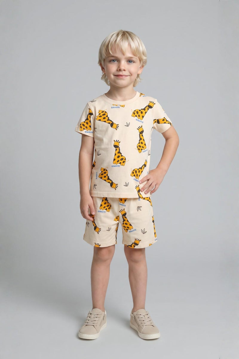 DeFacto Yellow BabyBoy Baby Boy Animal Print Top Shorts 2 Piece Pyjama Set Casual - Image 1