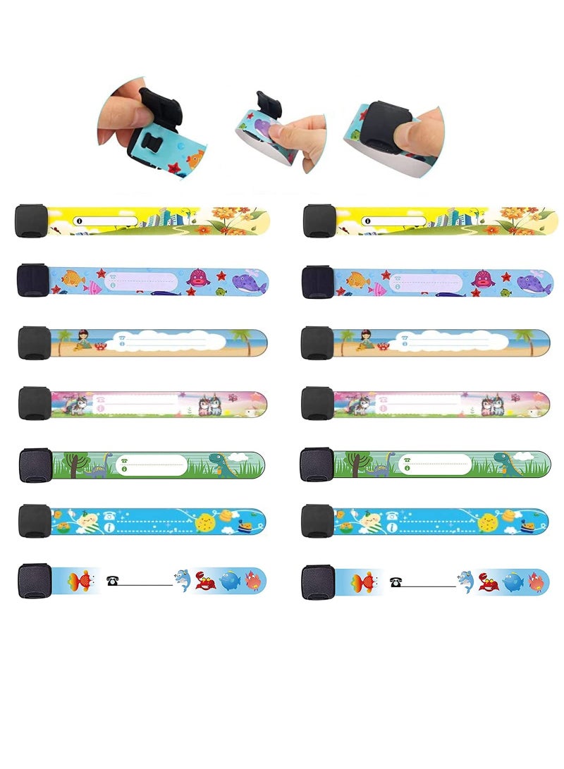 KASTWAVE 14 Pieces Child Safety ID Wristband Cartoon Pattern Adjustable Waterproof Bracelet Reusable Boys and Girls Outdoor Activities Anti-Lost Identification Bracelet Information Band - Image 1