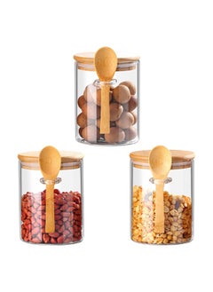 Mash 600ml Round Glass Jar with Bamboo Spoon & Lid, Borosilicate Jar with Wooden Scoop Kitchen Food Storage Containers Airtight Lids Cereals Canisters Jars  - Image 1