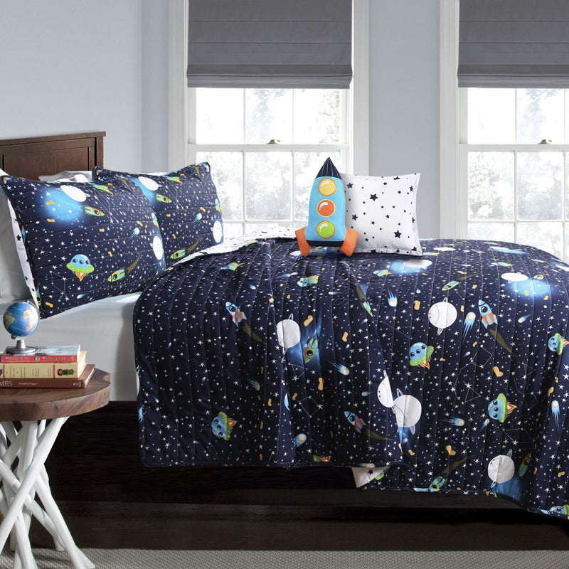 Lush Decor Universe Reversible Quilt Twin Size 4 Piece Set Navy - Toddler Bedding Set Twin Quilt - Space Themed Bedroom Decor - Image 2