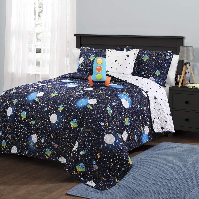 Lush Decor Universe Reversible Quilt Twin Size 4 Piece Set Navy - Toddler Bedding Set Twin Quilt - Space Themed Bedroom Decor - Image 1