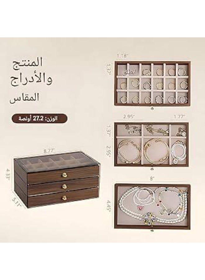 3-Tier Wooden Jewelry Organizer Box - Vintage Style Organizer with Acrylic Lid for Rings, Earrings, Necklaces and Bracelets, Stylish Storage Display for Women and Girls. - Image 4