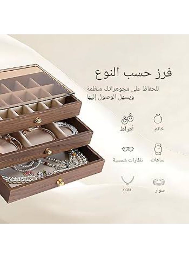 3-Tier Wooden Jewelry Organizer Box - Vintage Style Organizer with Acrylic Lid for Rings, Earrings, Necklaces and Bracelets, Stylish Storage Display for Women and Girls. - Image 5