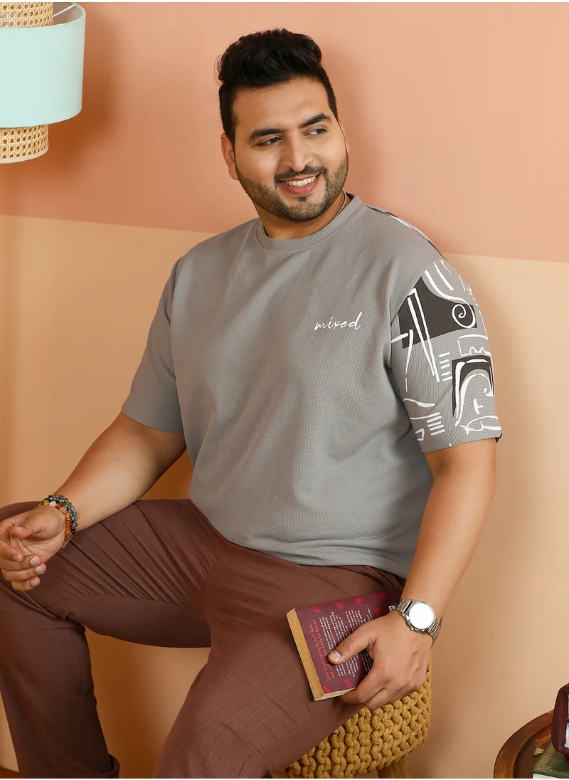 Instafab Plus Instafab Plus Men's Coin Grey Boxy Folk-Wave T-Shirt For Casual Wear | Crew Neck | Short Regular Sleeves | Pull On Closure | Plus Size T-Shirt Crafted With Comfort Fit For Everyday Wear