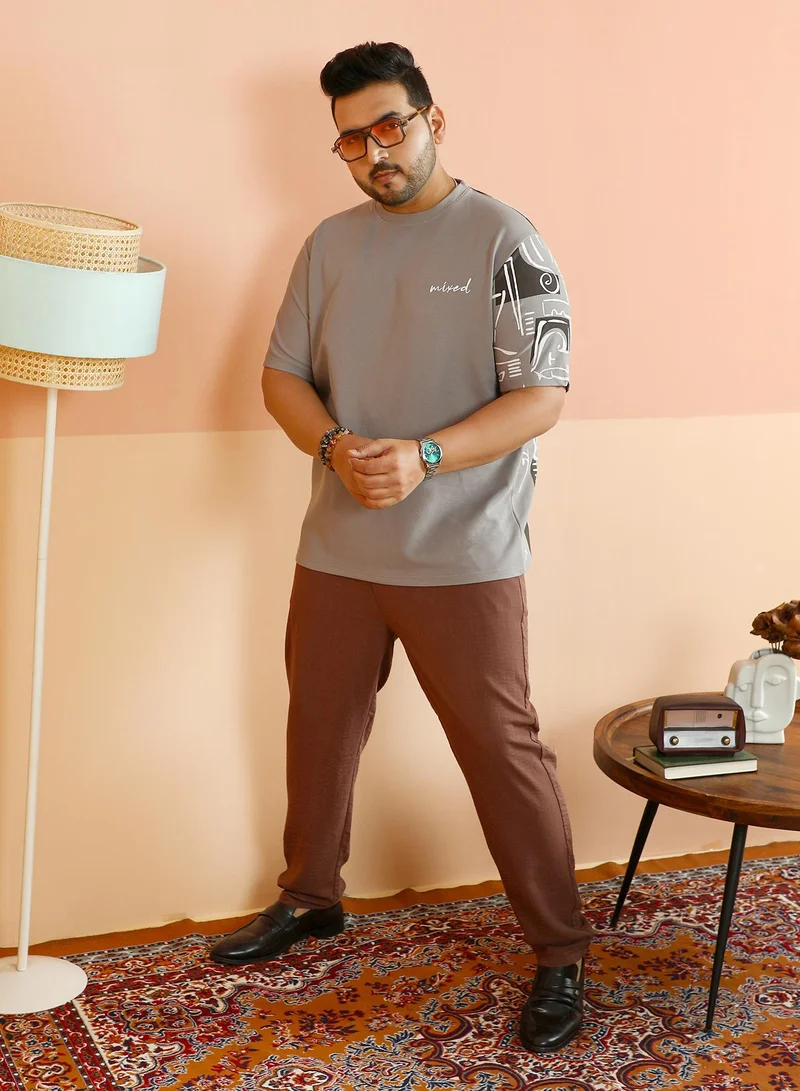 Instafab Plus Instafab Plus Men's Coin Grey Boxy Folk-Wave T-Shirt For Casual Wear | Crew Neck | Short Regular Sleeves | Pull On Closure | Plus Size T-Shirt Crafted With Comfort Fit For Everyday Wear