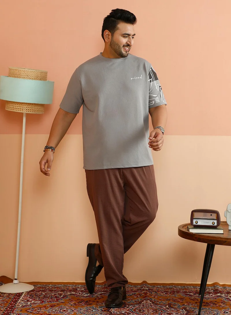 Instafab Plus Instafab Plus Men's Coin Grey Boxy Folk-Wave T-Shirt For Casual Wear | Crew Neck | Short Regular Sleeves | Pull On Closure | Plus Size T-Shirt Crafted With Comfort Fit For Everyday Wear