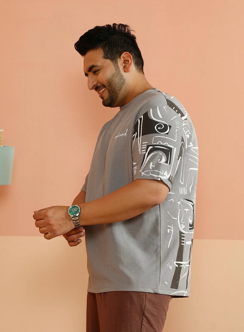 Instafab Plus Instafab Plus Men's Coin Grey Boxy Folk-Wave T-Shirt For Casual Wear | Crew Neck | Short Regular Sleeves | Pull On Closure | Plus Size T-Shirt Crafted With Comfort Fit For Everyday Wear