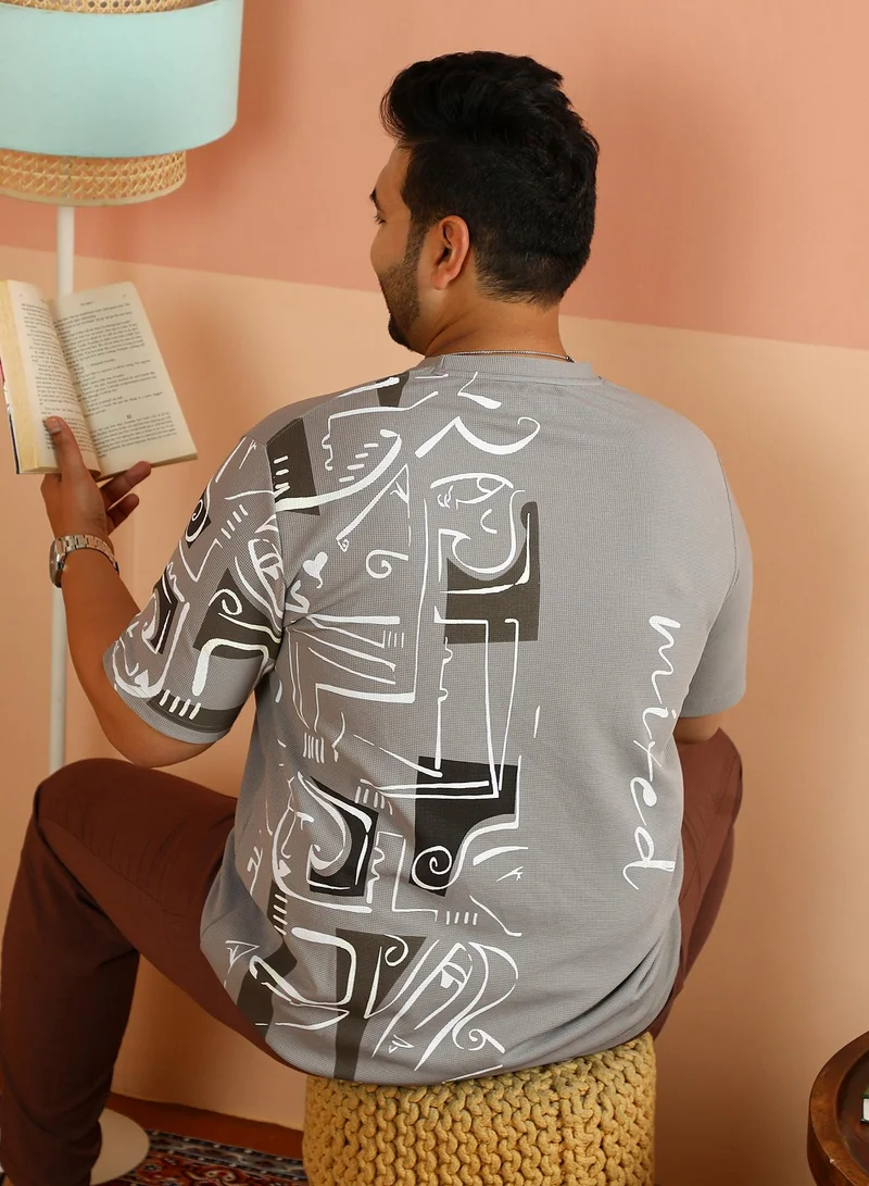 Instafab Plus Instafab Plus Men's Coin Grey Boxy Folk-Wave T-Shirt For Casual Wear | Crew Neck | Short Regular Sleeves | Pull On Closure | Plus Size T-Shirt Crafted With Comfort Fit For Everyday Wear